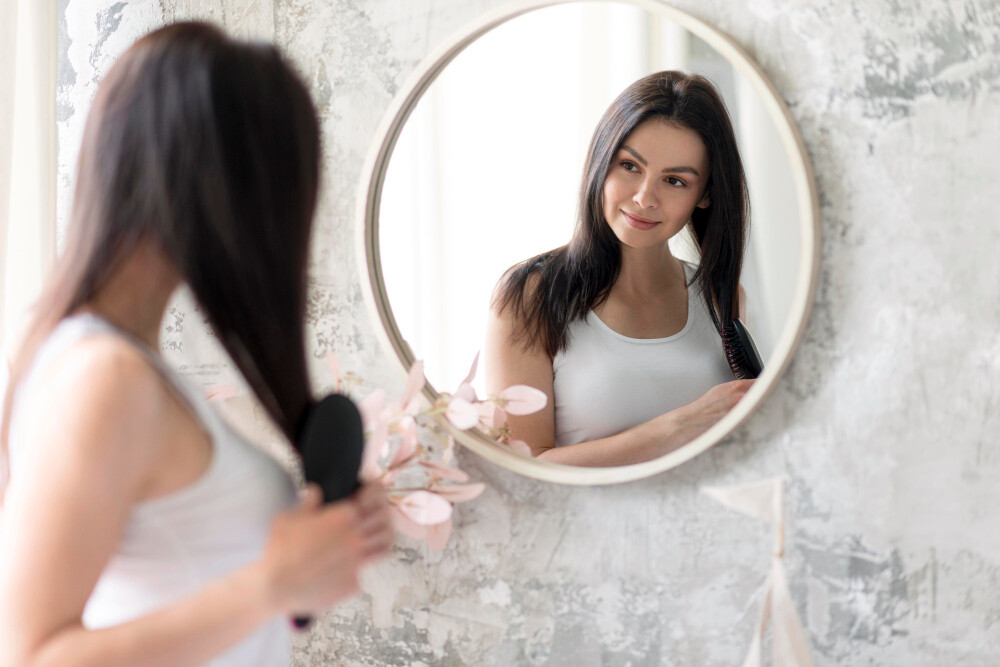 beautiful-woman-arranging-herself-mirror Otyłość i jej możliwe konsekwencje psychologiczne – dlaczego warto skorzystać z pomocy psychologa podczas leczenia otyłości?