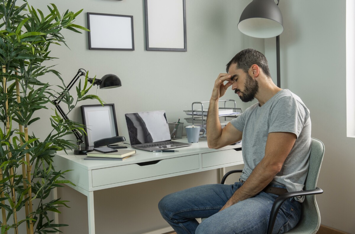 tired-man-sitting-at-his-home-desk Stres zawodowy – jak go rozpoznać i gdzie szukać pomocy?  